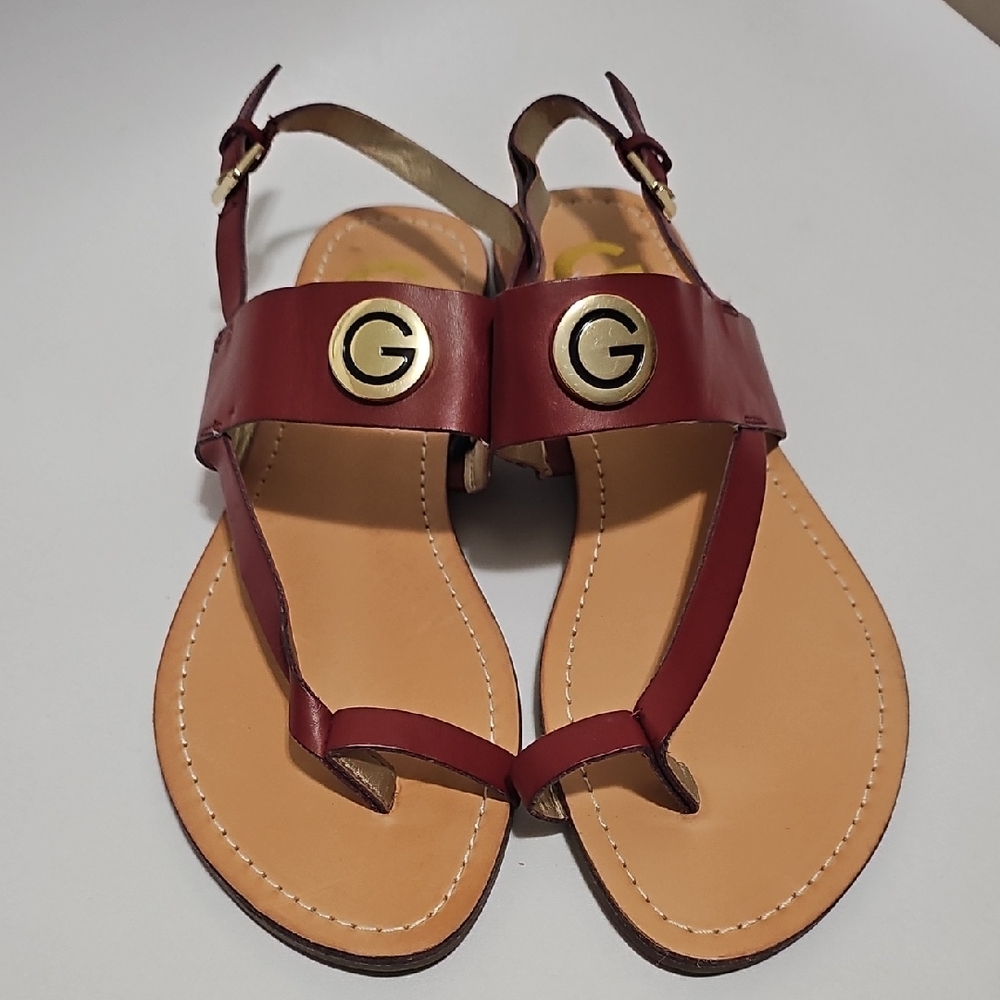 G By GUESS Burgundy Sandals with Gold Details